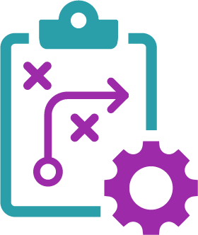 graphic of a gear in front of a clipboard containing a diagram