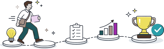 graphic of person walking along a sequence of stepping stones each of which have a different learning icon floating above them