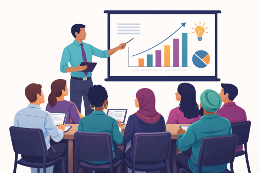 graphic of a classroom of people learning from an instructor